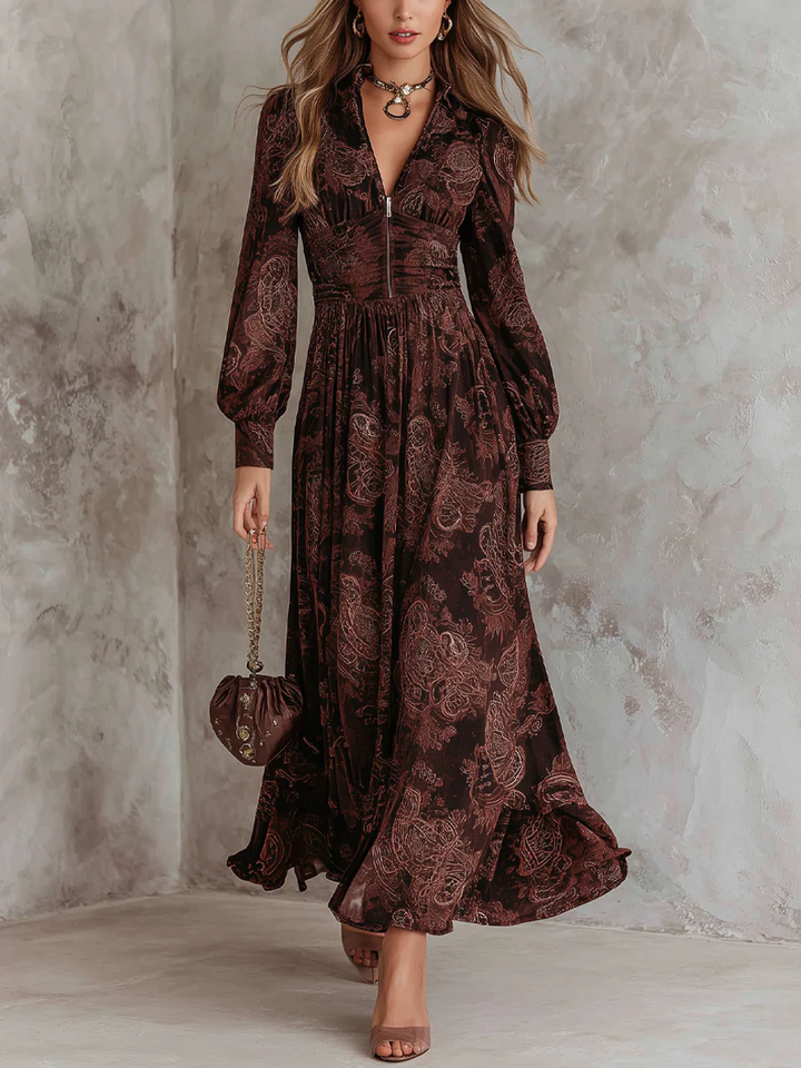 Marlene | Paisley Print Midi Dress with Zip Neck